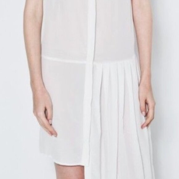 OAK NYC 'LA MIRADA' ASYMMETRICAL KNIFE PLEAT BUTTON FRONT SLEEVELESS SHIRT DRESS - Picture 2 of 7